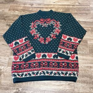 Vintage Adele Knitwear Sweater Large Red Christmas Embroidered Holiday Mock Neck